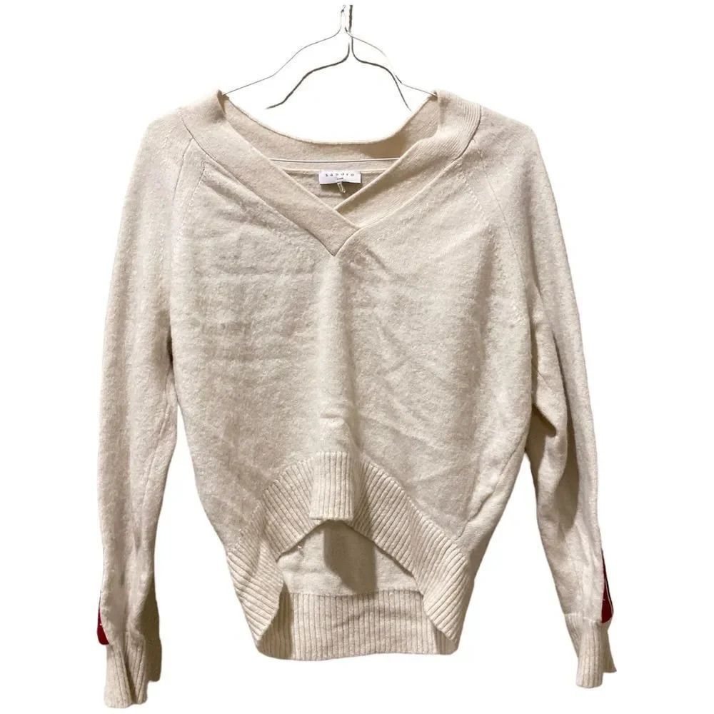 SANDRO PARIS Varsity Sweater Cream Red Stripe V Neck Size Small